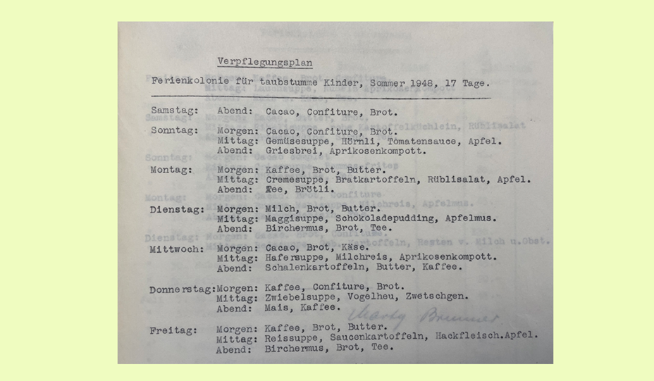 Bild Ferienkolonie 1948 Verpflegungsplan